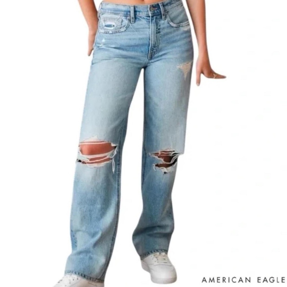American Eagle Outfitters Women's Light Blue Ripped Wide Leg Jeans